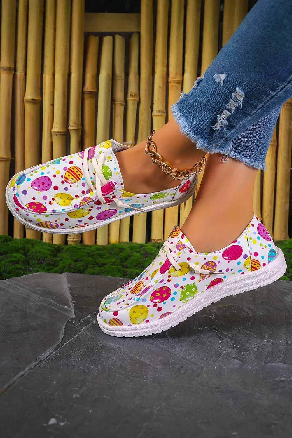 Women Easter Eggs Printed Square Toe Slip On Canvas Flats