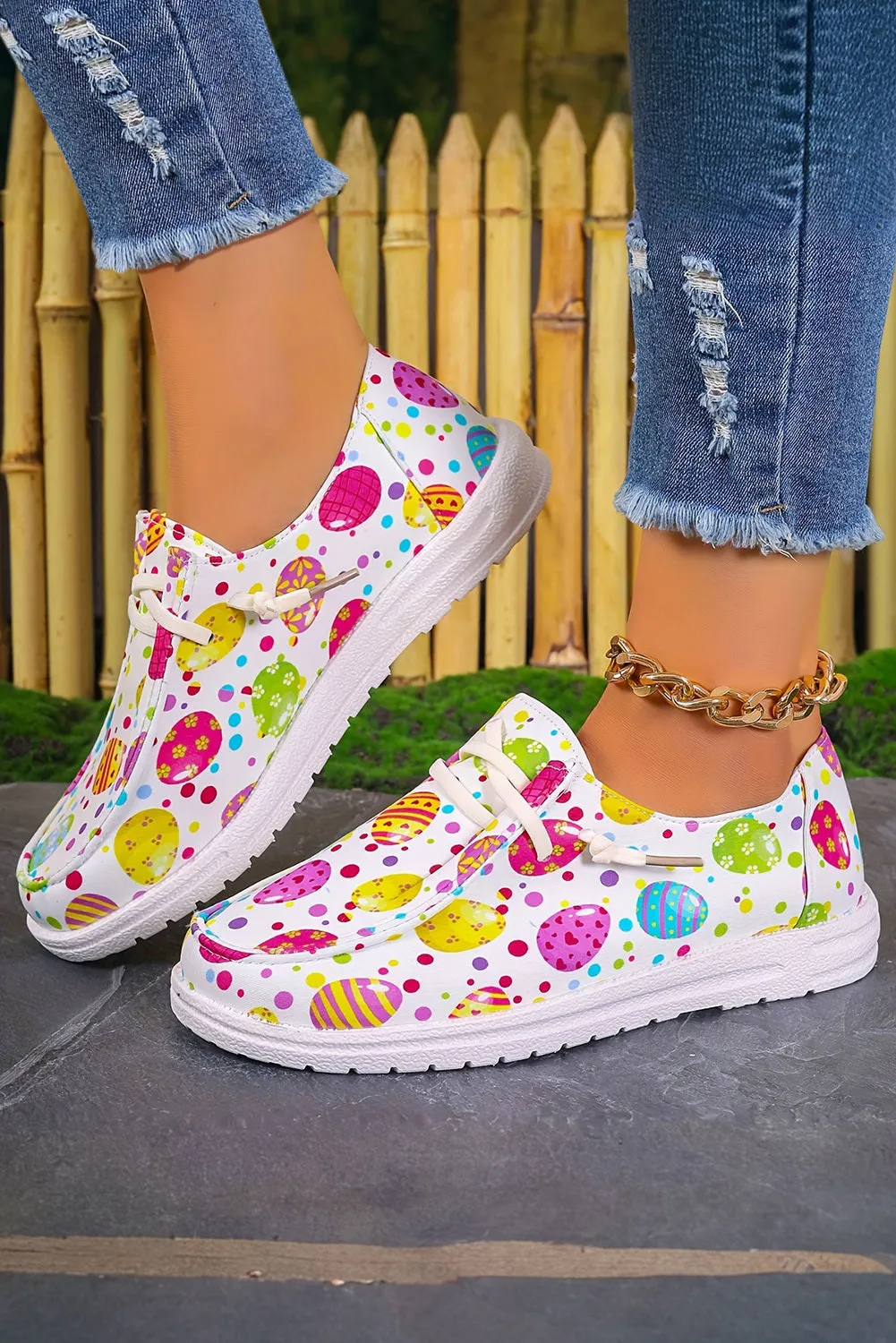 Women Easter Eggs Printed Square Toe Slip On Canvas Flats