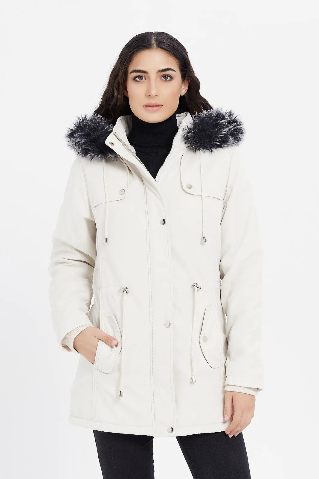 Women Ecru Hooded Twill Coat