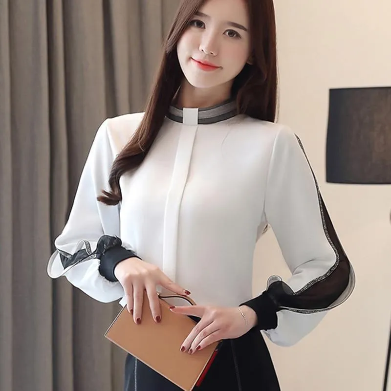 Women Elegant Chiffon Patchwork Hollow Out Stand Collar Blouse