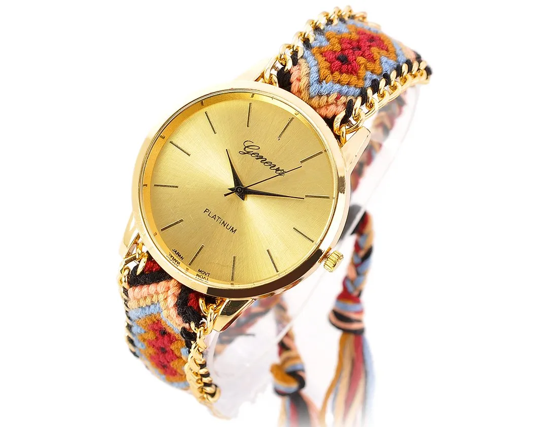 Women Ethnic Knitted Weaved Band Bracelet Quartz Dial Wrist Watch