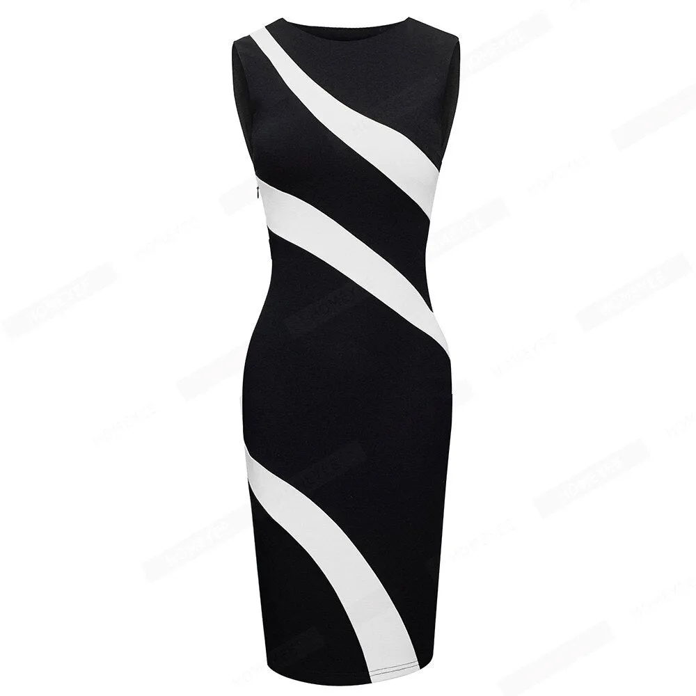 Women Fashion Elegant Sleeveless O Neck Colorblock Lady Bodycon Pencil Dress EB710