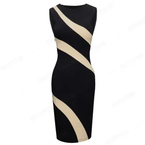 Women Fashion Elegant Sleeveless O Neck Colorblock Lady Bodycon Pencil Dress EB710