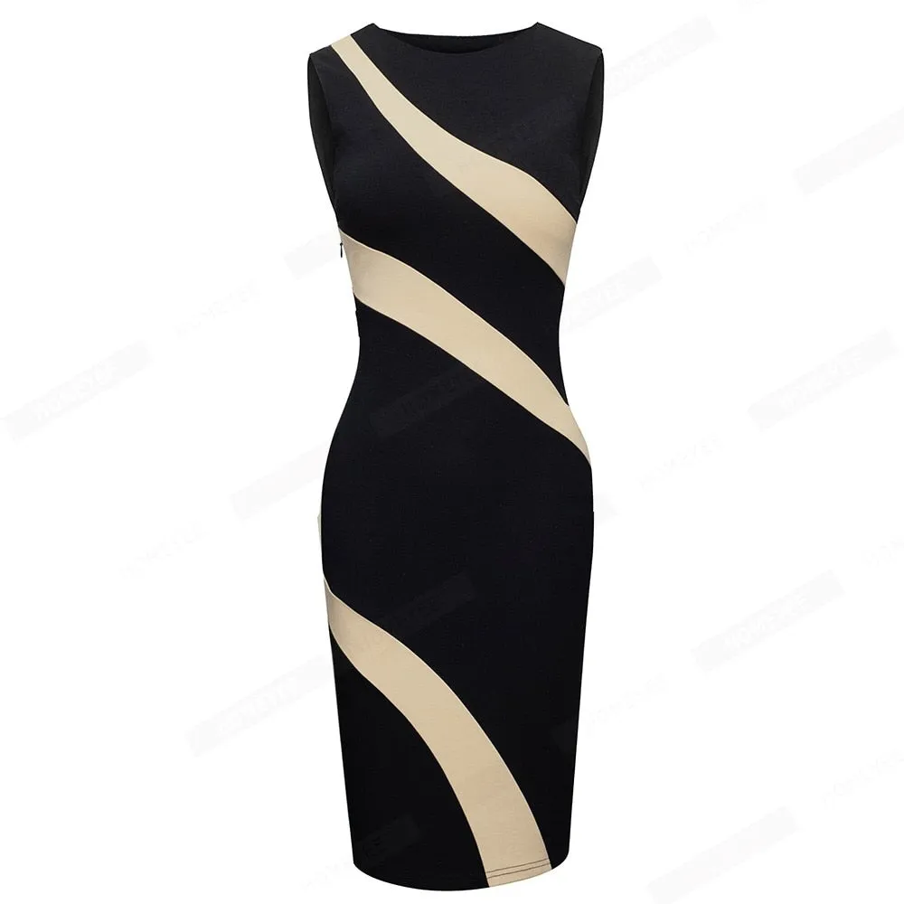 Women Fashion Elegant Sleeveless O Neck Colorblock Lady Bodycon Pencil Dress EB710