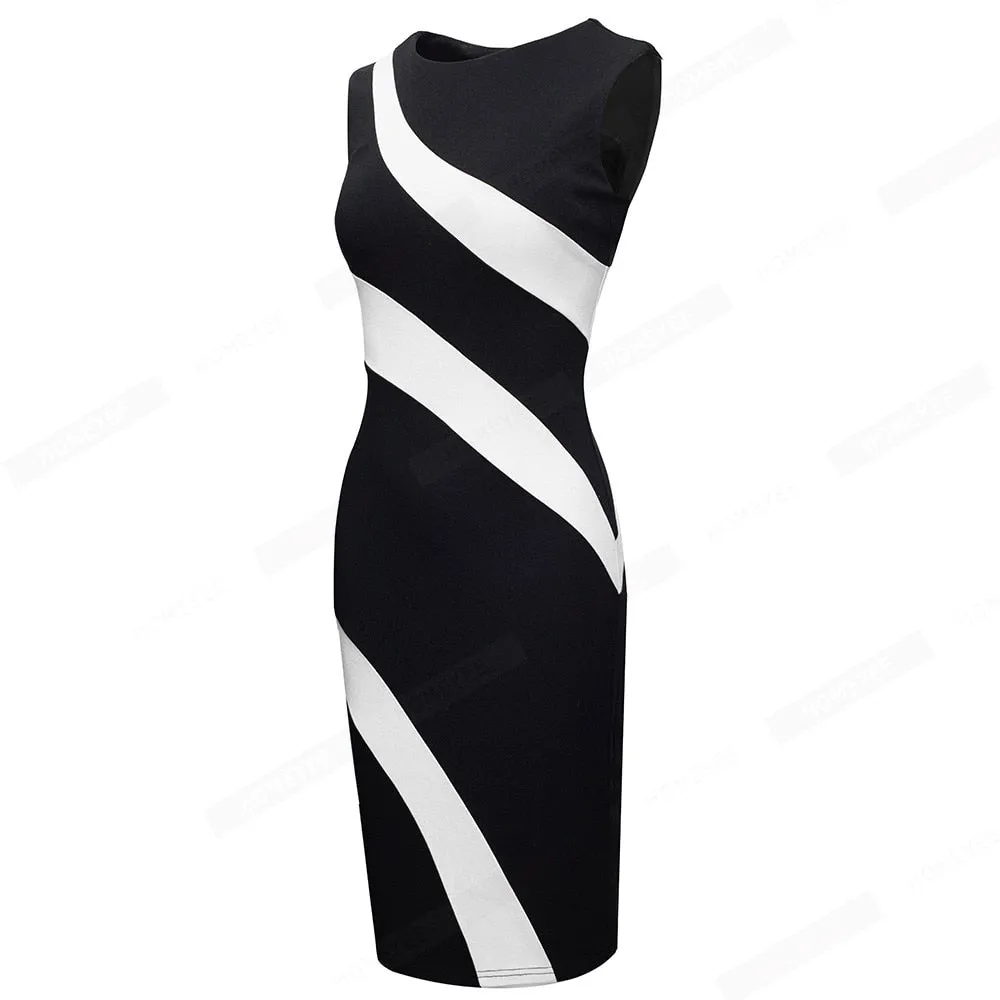 Women Fashion Elegant Sleeveless O Neck Colorblock Lady Bodycon Pencil Dress EB710