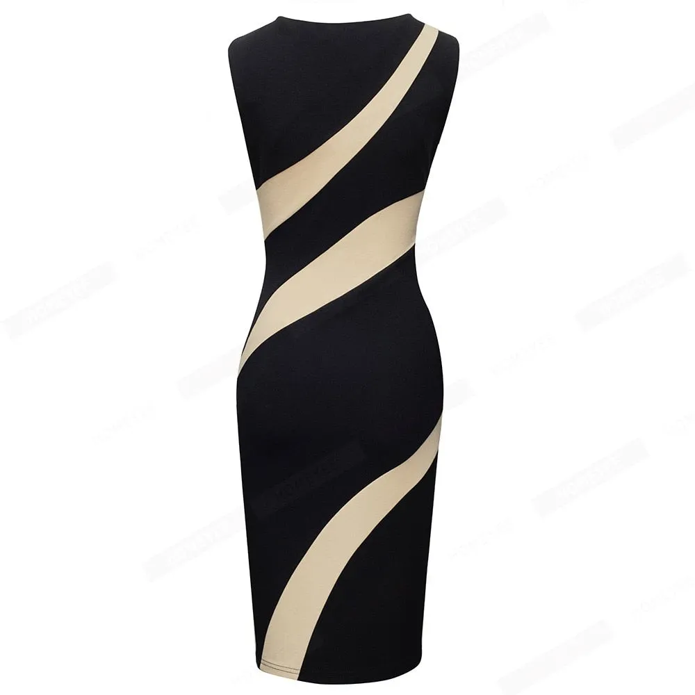 Women Fashion Elegant Sleeveless O Neck Colorblock Lady Bodycon Pencil Dress EB710