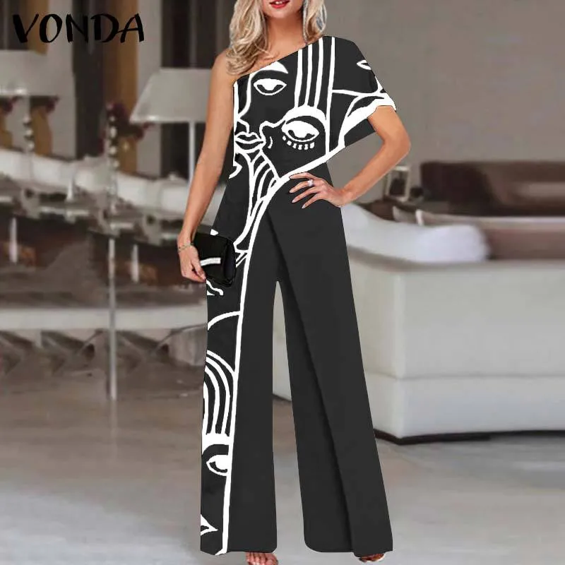 Women Fashion Jumpsuits 2023 One Shoulder Printed Jumpsuits Women Trousers Female Palazzo Wide Leg Pants Pantalon Femme