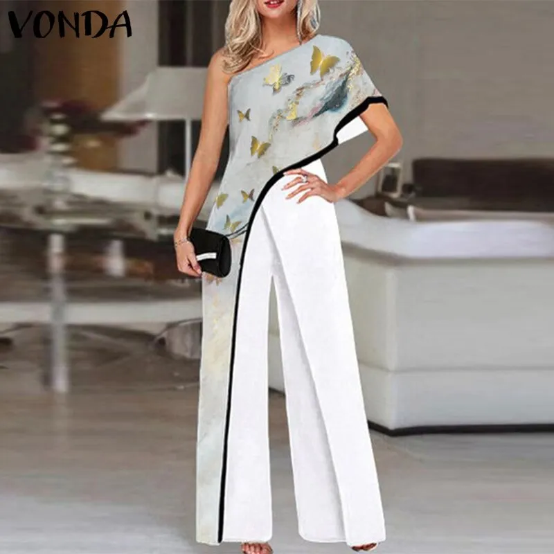 Women Fashion Jumpsuits 2023 One Shoulder Printed Jumpsuits Women Trousers Female Palazzo Wide Leg Pants Pantalon Femme