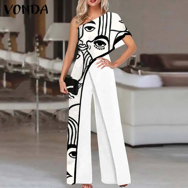 Women Fashion Jumpsuits 2023 One Shoulder Printed Jumpsuits Women Trousers Female Palazzo Wide Leg Pants Pantalon Femme