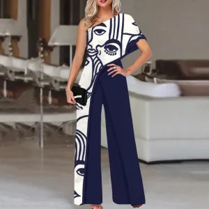 Women Fashion Jumpsuits 2023 One Shoulder Printed Jumpsuits Women Trousers Female Palazzo Wide Leg Pants Pantalon Femme