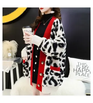 Women Fashion Long Sweater and Cardigans - Open Stitch Leopard Casual Cardigans Red and Yellow Oversized Knit Jacket Out Coat (TP4)(TB8C)(1U23)