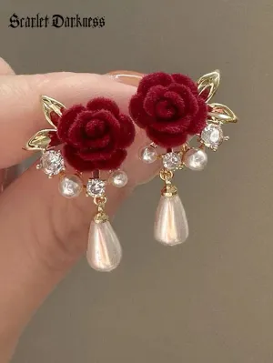 Women Flocked Red Rose Pearl Earrings