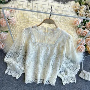 Women Floral Lace Blouse Crop Top Hollow Out Short Puff Sleeve