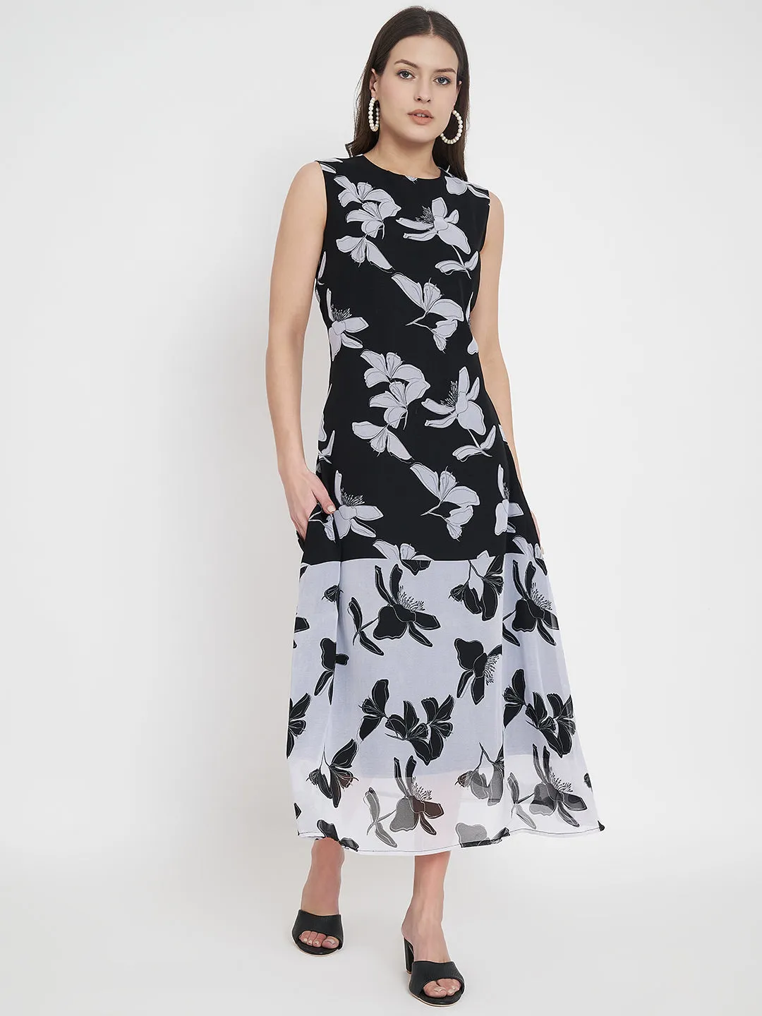 Women Floral Print Georgette A-Line Midi Dress