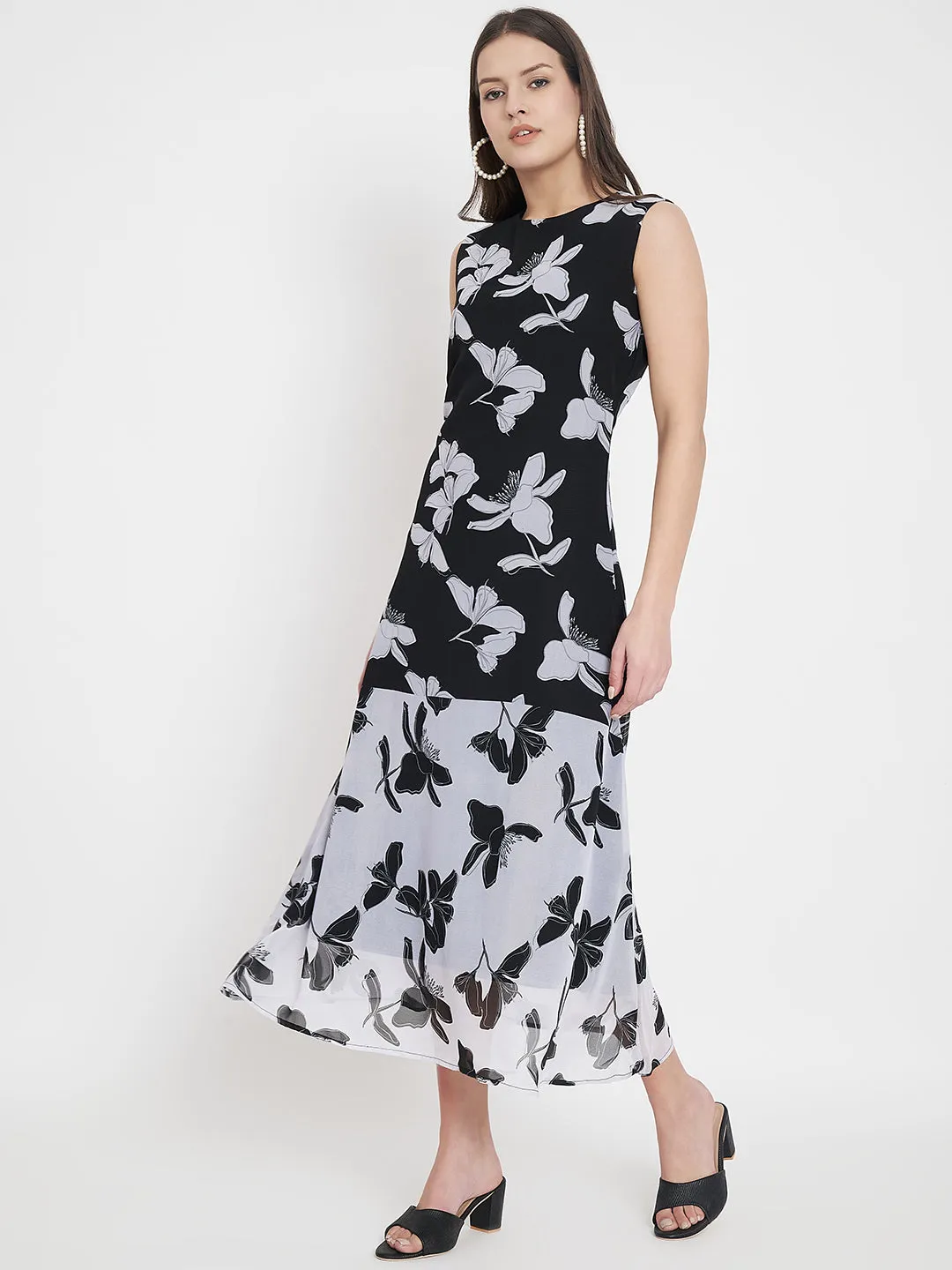 Women Floral Print Georgette A-Line Midi Dress