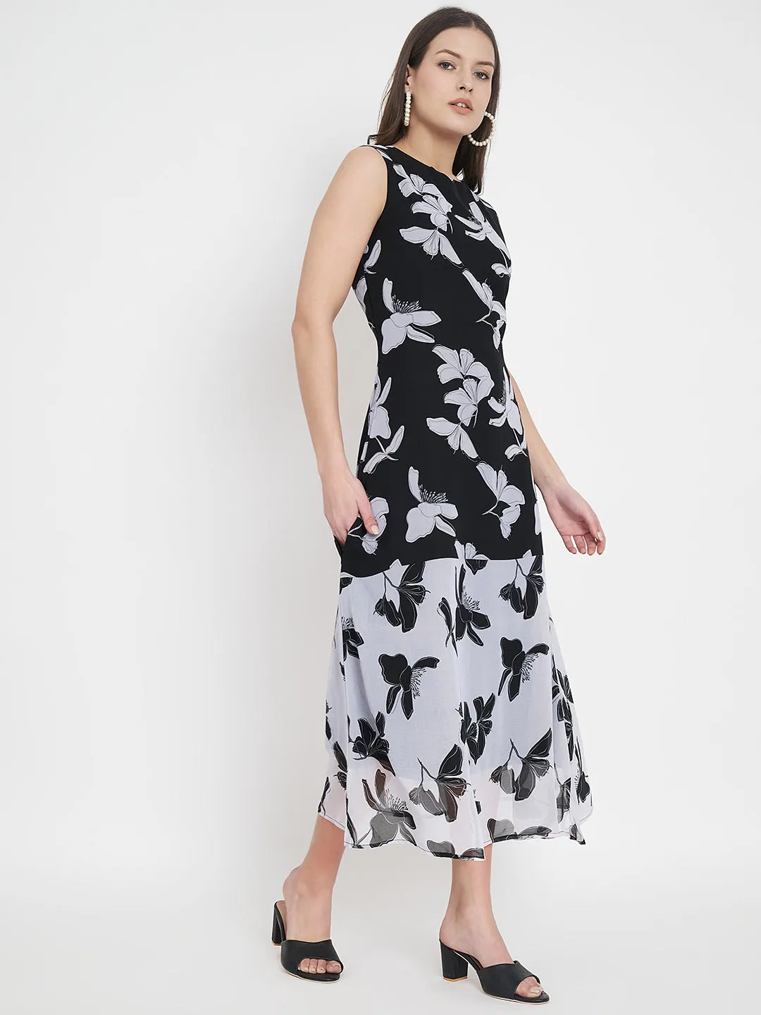 Women Floral Print Georgette A-Line Midi Dress