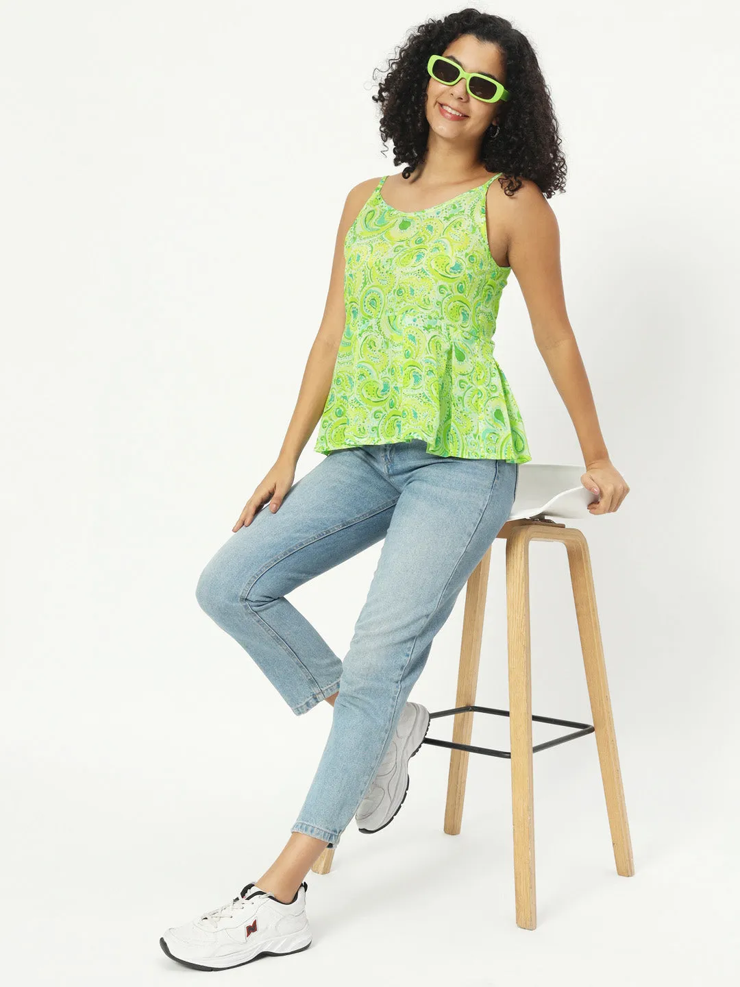 Women Floral Print Green Cotton Top