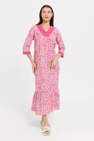 Women Fuchsia Embellished With Lace Nightgown