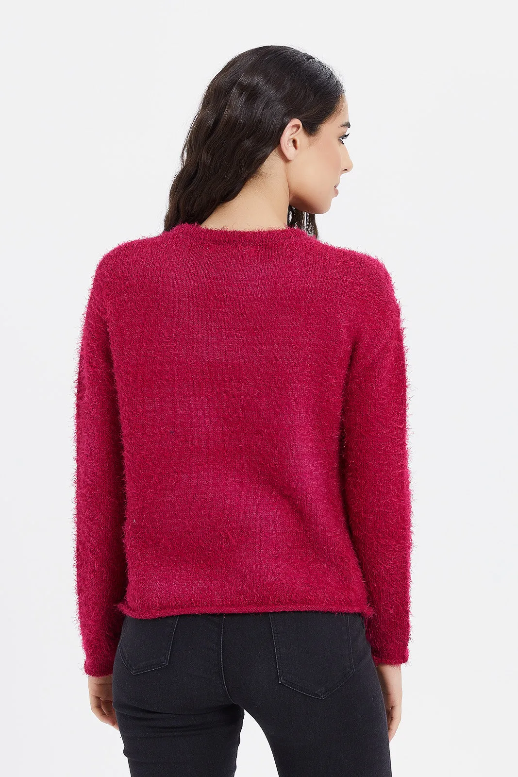 Women Fuchsia Fluffy Pullover