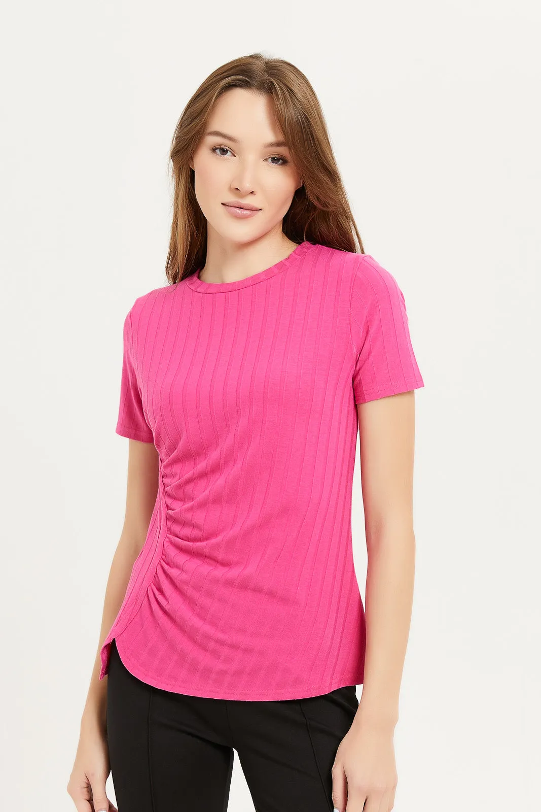 Women Fuchsia Side Ruched Detail Blouse