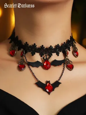 Women Gothic Lace Bat Ruby Necklace