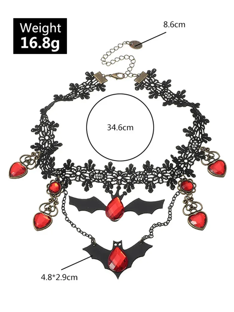 Women Gothic Lace Bat Ruby Necklace