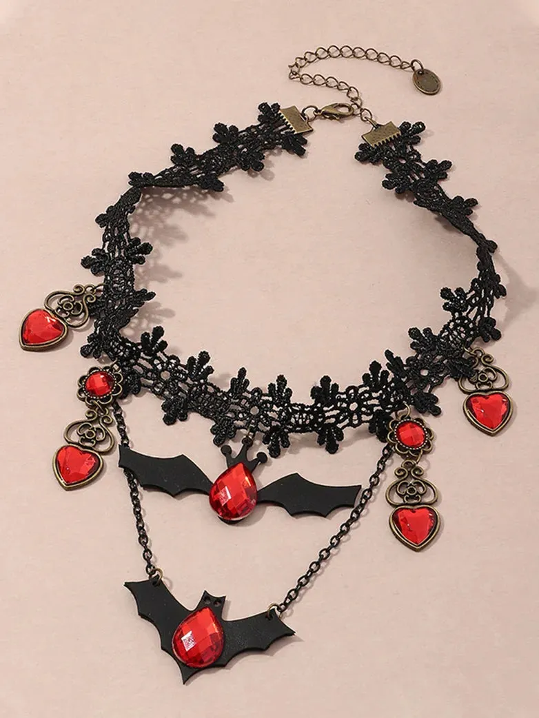 Women Gothic Lace Bat Ruby Necklace