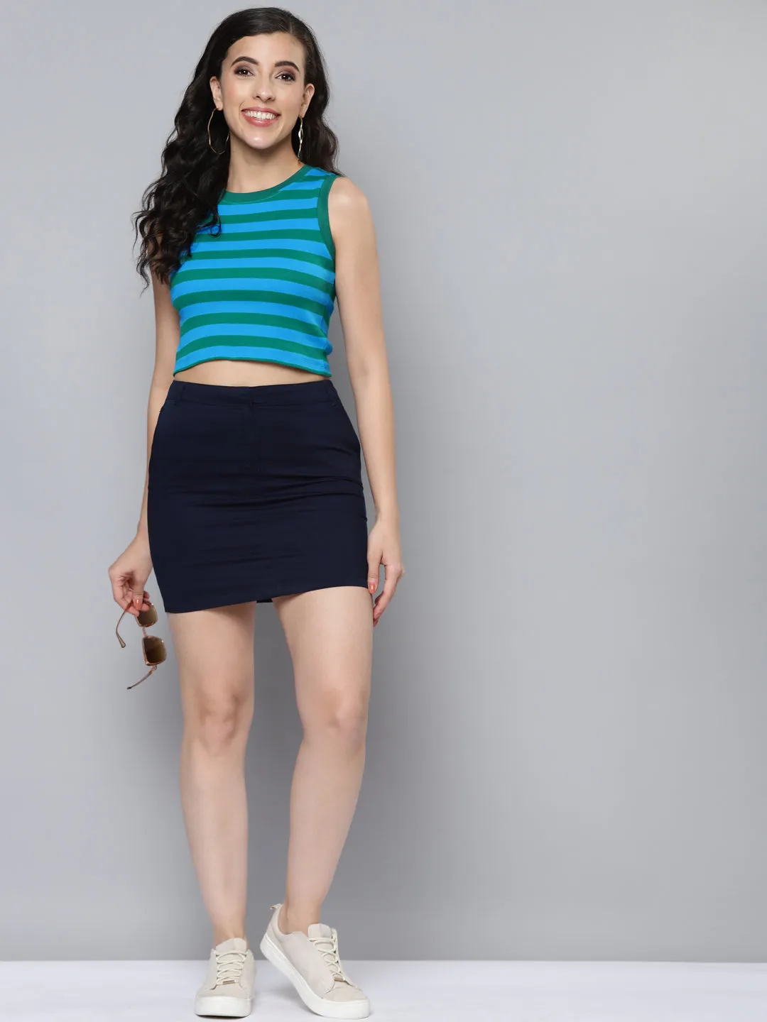 Women Green & Blue Rib Sleeveless Crop Top