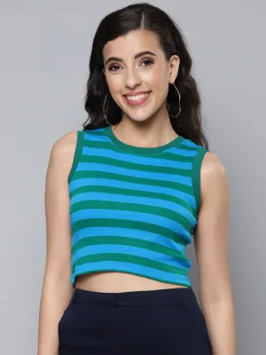 Women Green & Blue Rib Sleeveless Crop Top