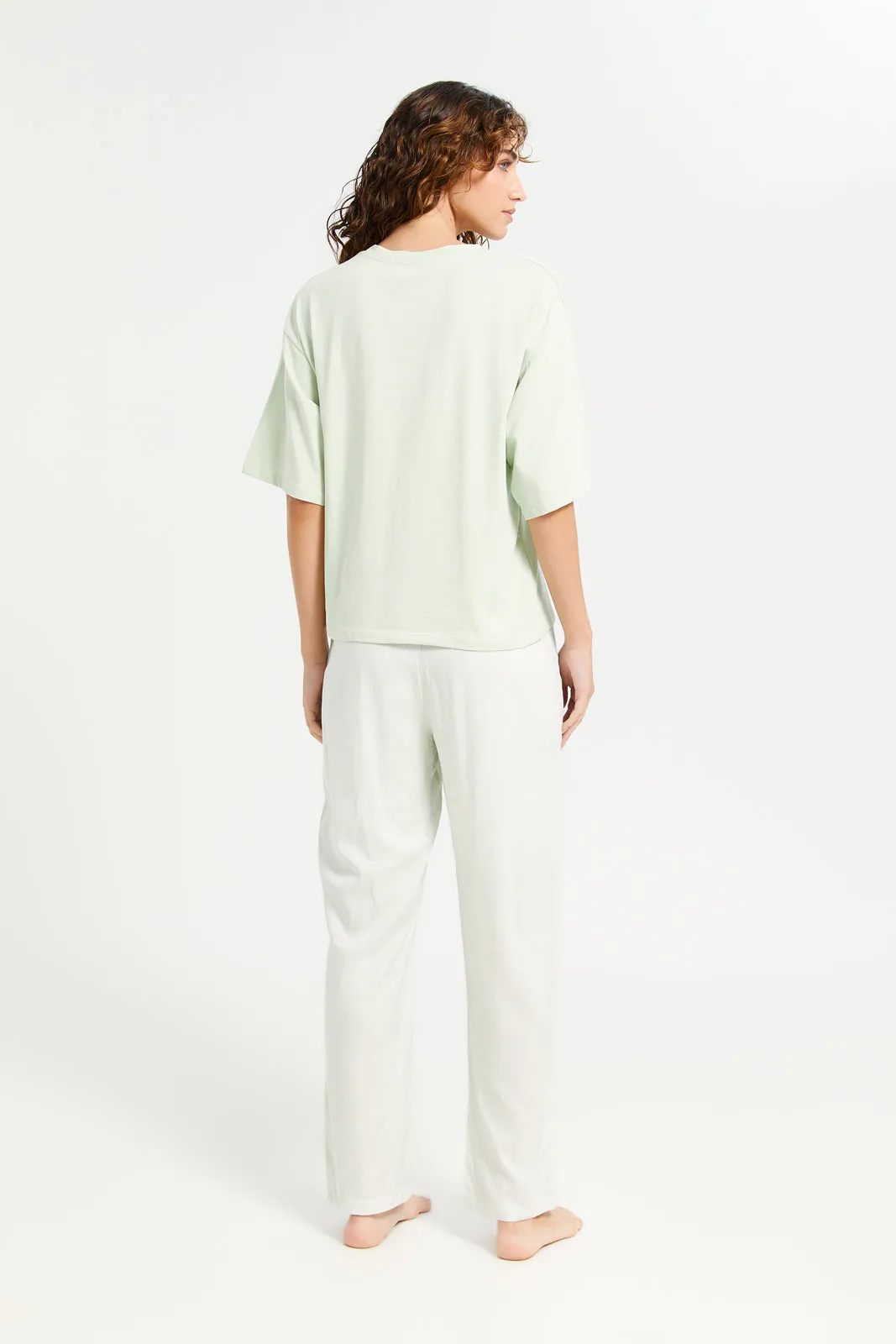 Women Green Drop Shoulder Fashion Pyjama Set (2 Piece)