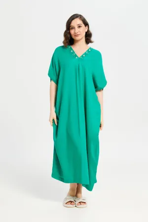 Women Green Embroidery Kaftan Nightgown