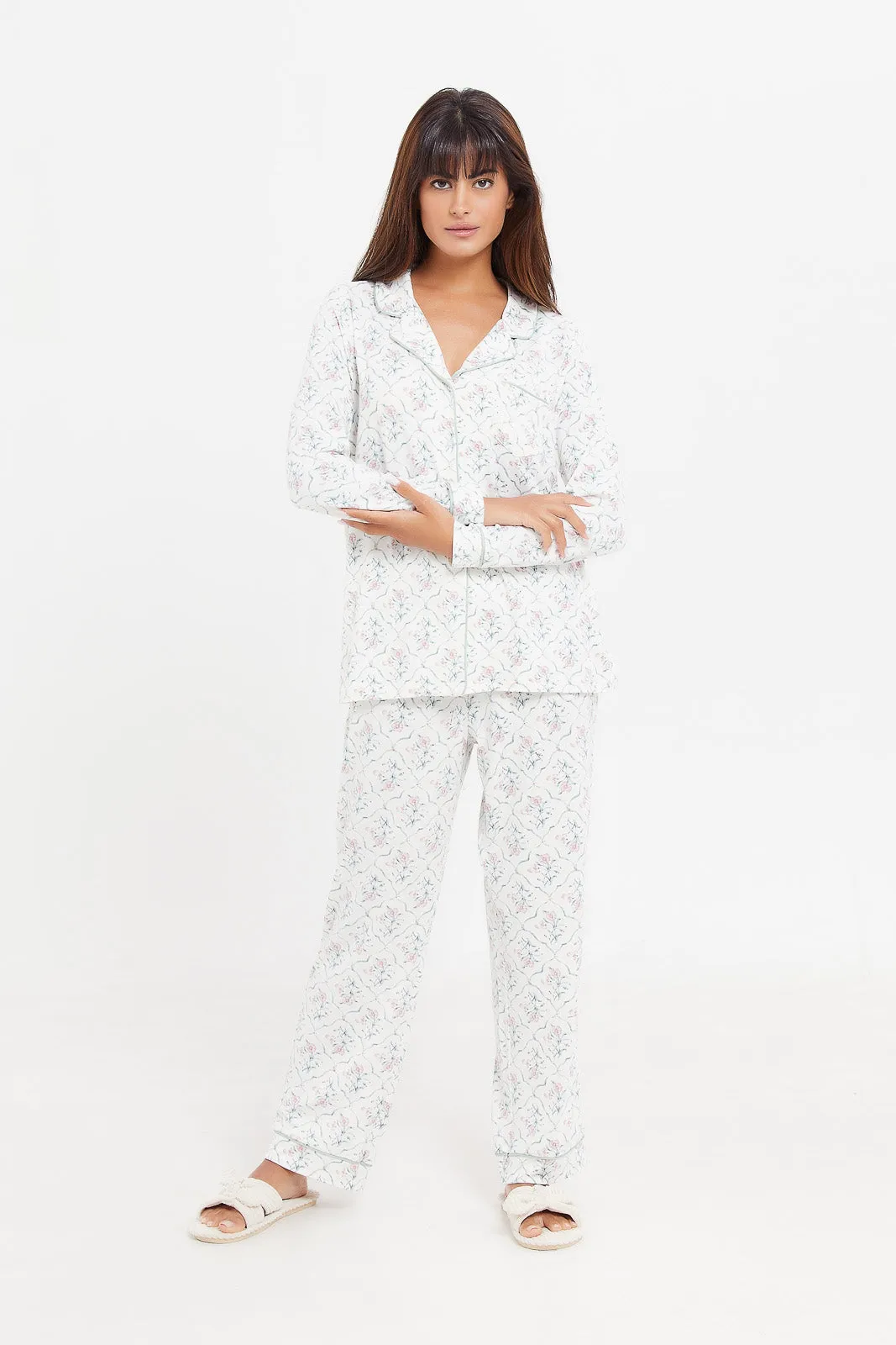 Women Green Floral Printed Pyjama Set (2 Piece)