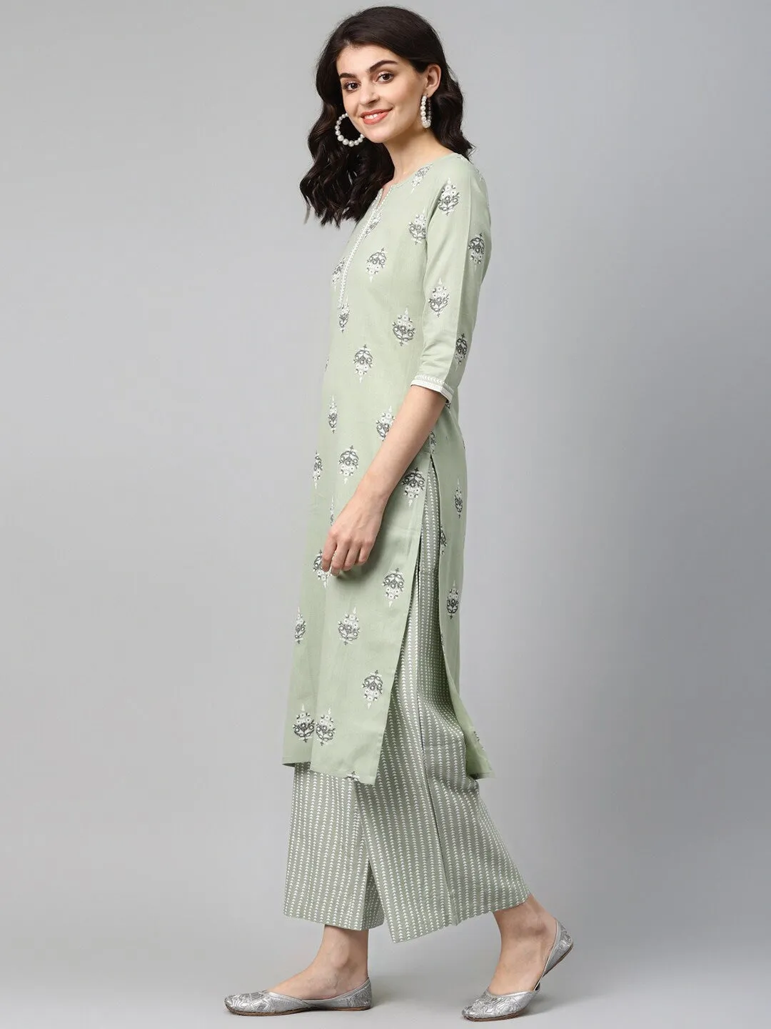 Women Green Kurta Printed Set