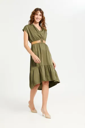 Women Green Plain Wrap Belted Dress