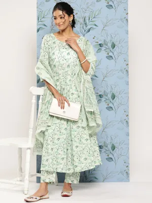 Women Green Printed Anarkali Kurta With Trouser And Dupatta