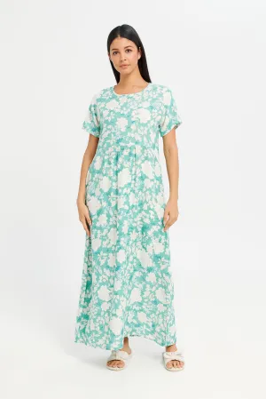 Women Green Printed Short Sleeve Nightgown