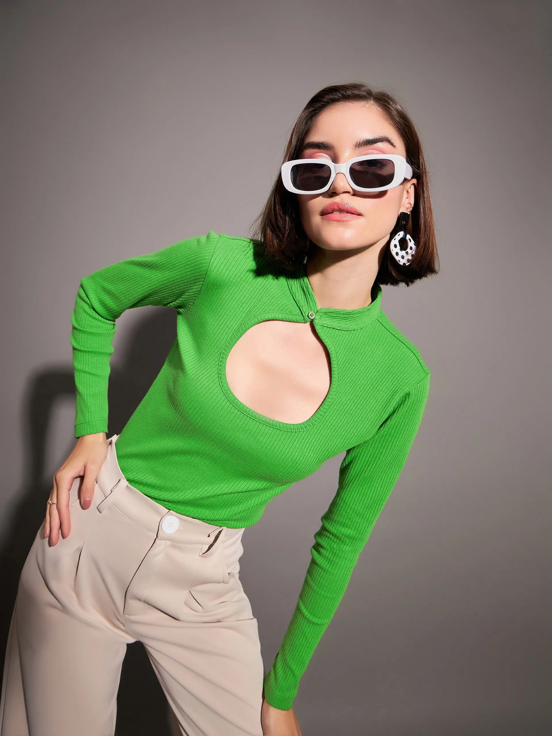 Women Green Rib Neck Cut Out Top