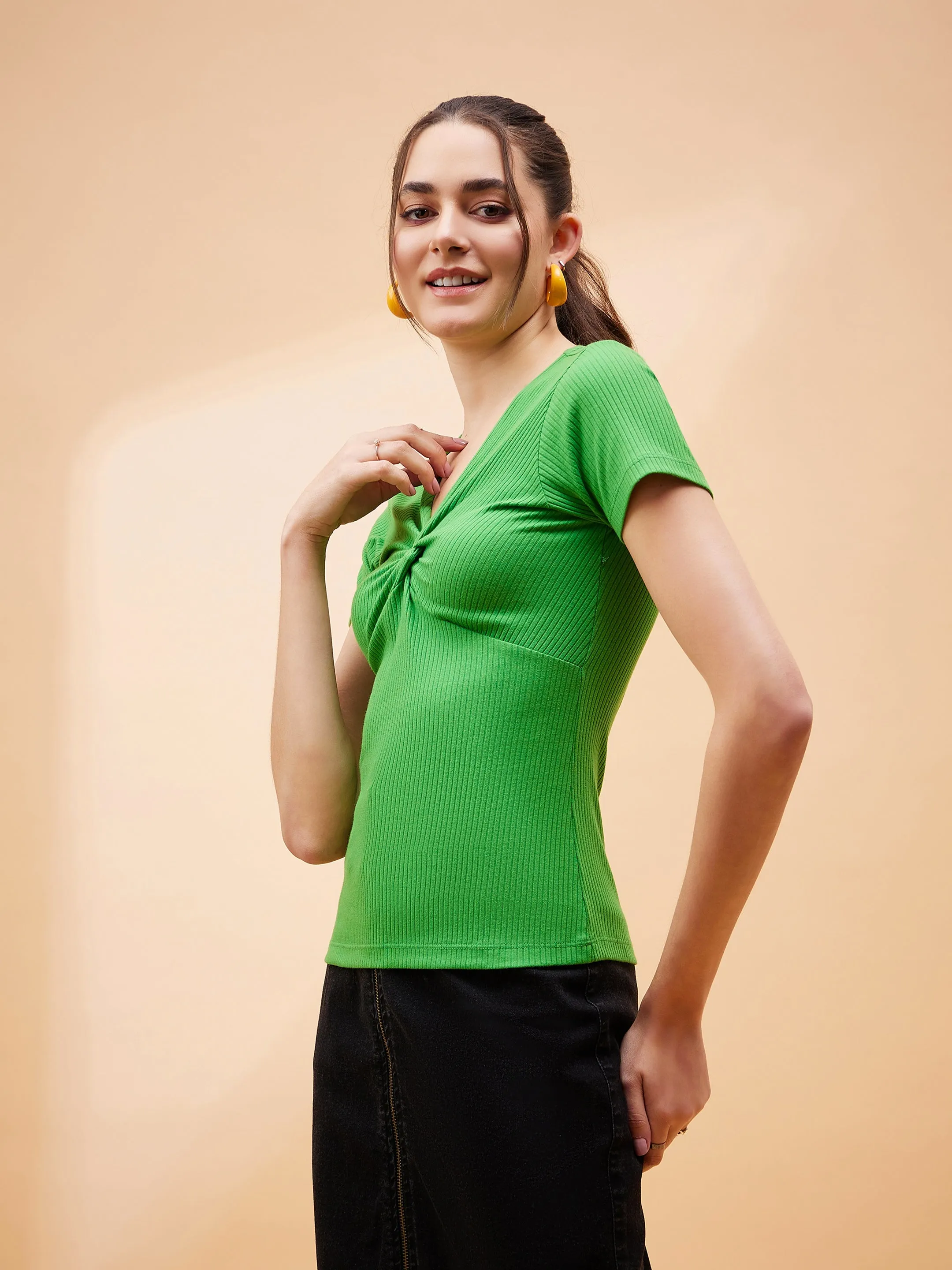 Women Green Rib Twisted Neck Top