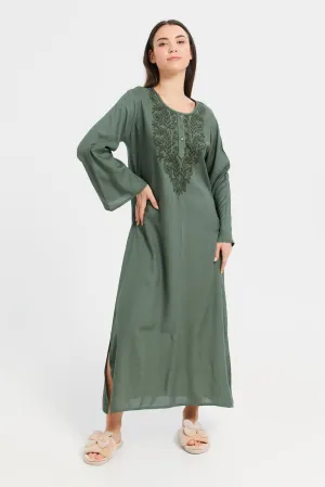 Women Green Solid Embroidery Nightgown