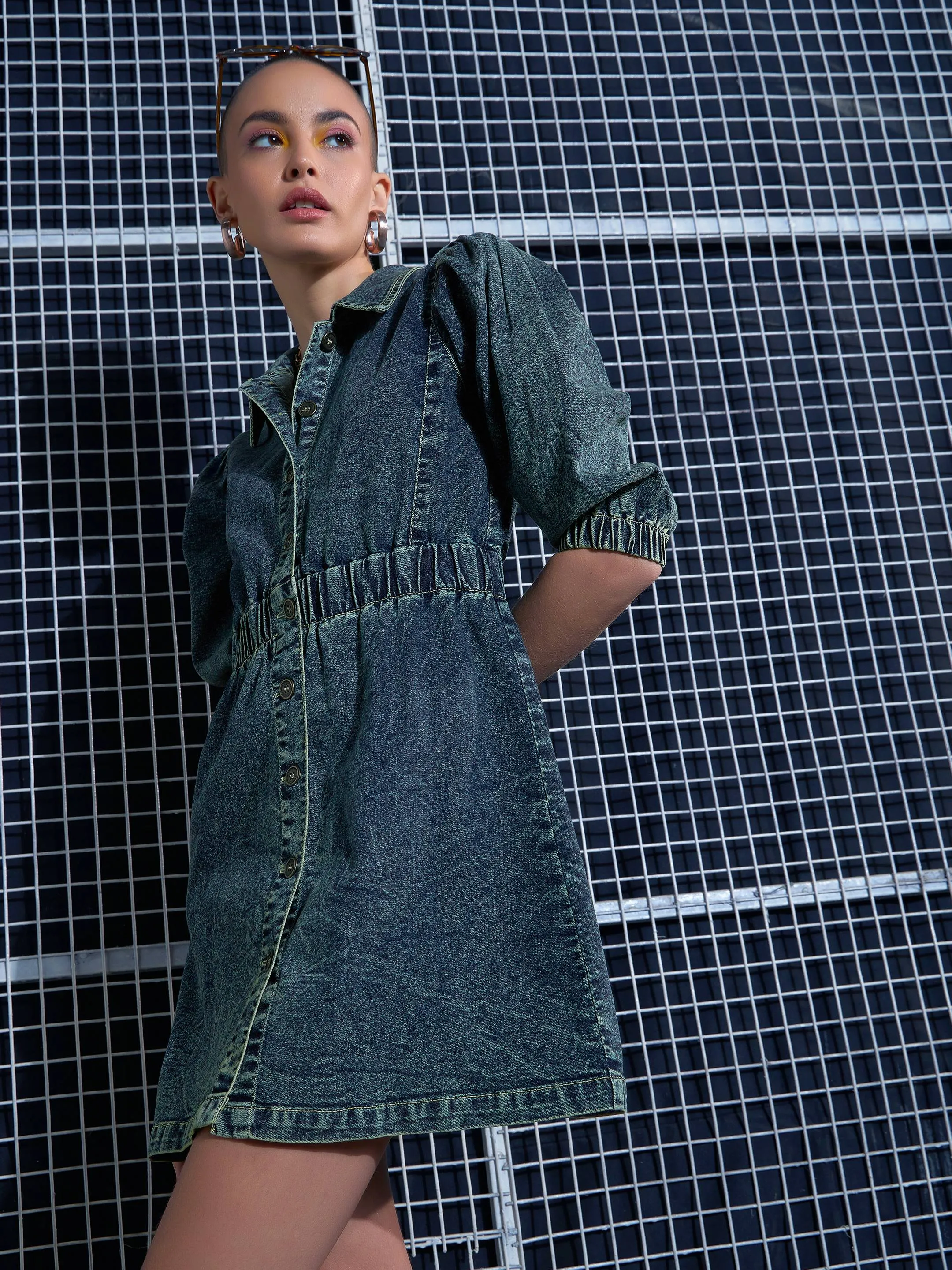 Women Green Washed Denim A-Line Shirt Dress