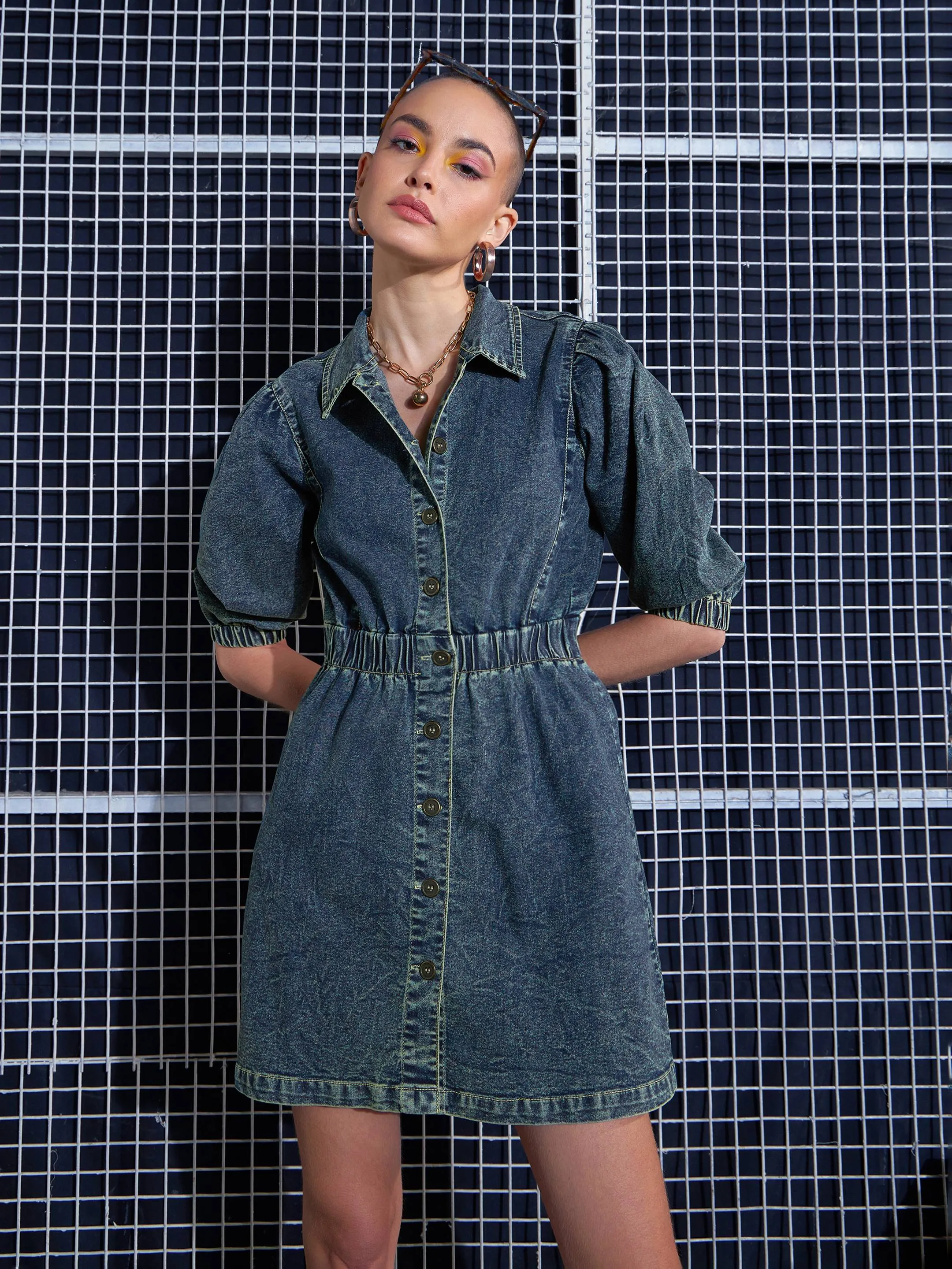 Women Green Washed Denim A-Line Shirt Dress