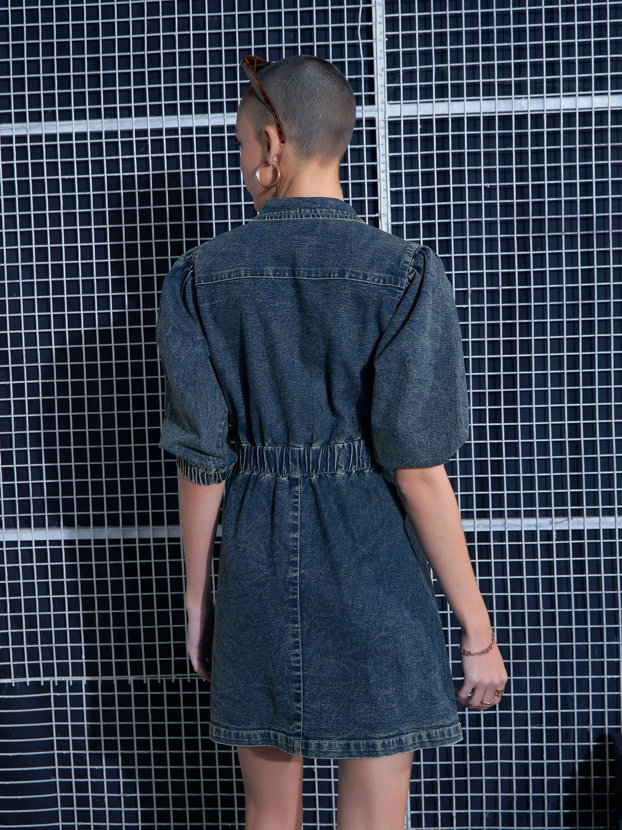 Women Green Washed Denim A-Line Shirt Dress