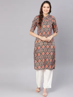 Women Grey & White Printed Kurta With Palazzos