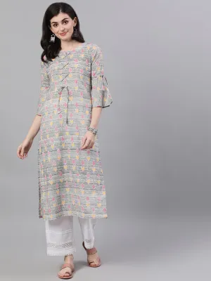 Women Grey Ethnic Motifs Printed V-Neck Cotton A-Line Dress