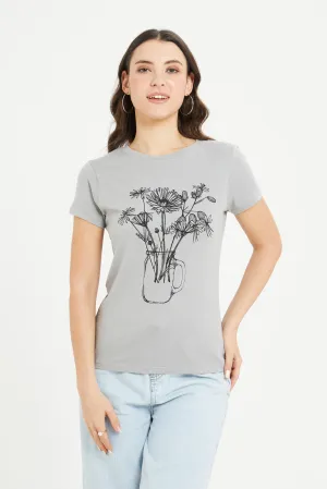 Women Grey Floral Printed T-Shirt