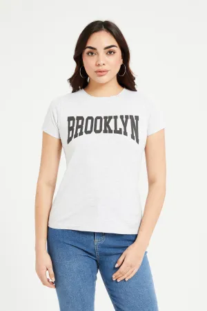 Women Grey Melange Brooklyn Printed T-Shirt