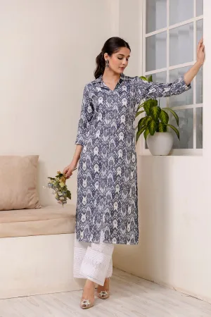 Women Grey Printed Straight Shirt Collar Kurta