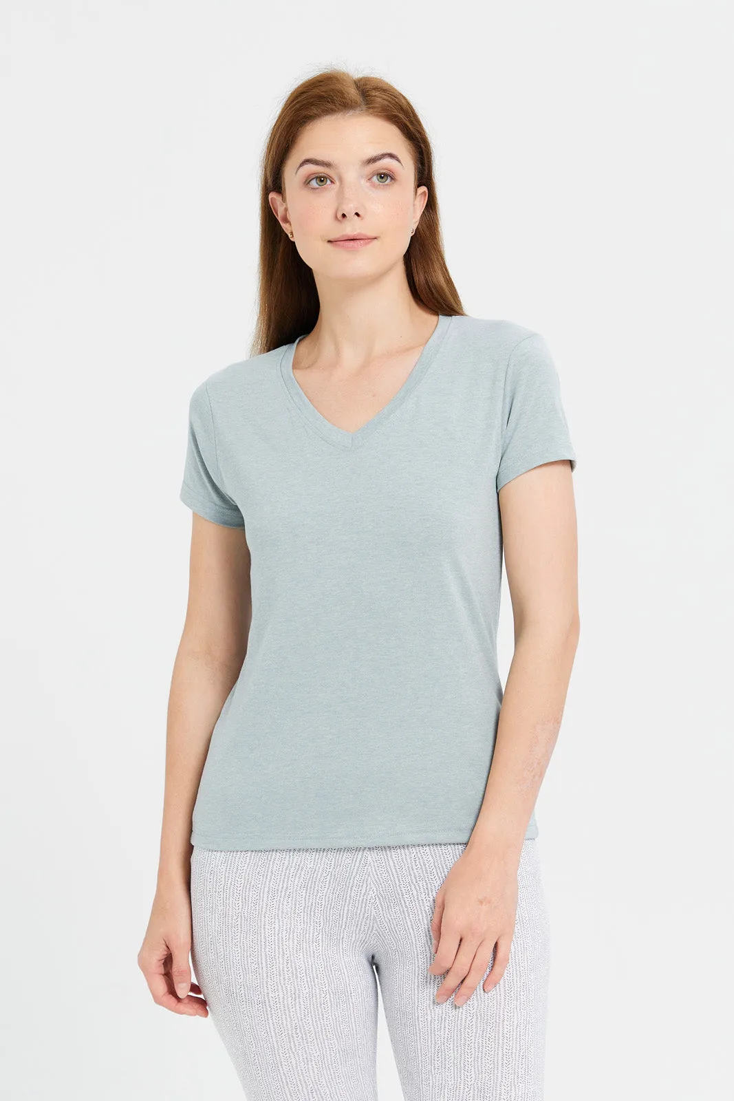 Women Grey Short Sleeve V- Neck T-Shirt