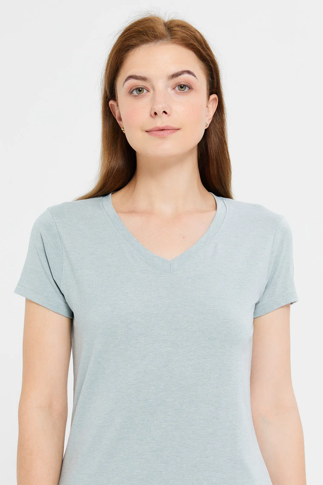 Women Grey Short Sleeve V- Neck T-Shirt