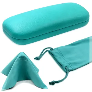 Women hard eyeglass case Medium size Frame - Glasses Holder Case w/Pouch & Cloth (AS126 Teal)